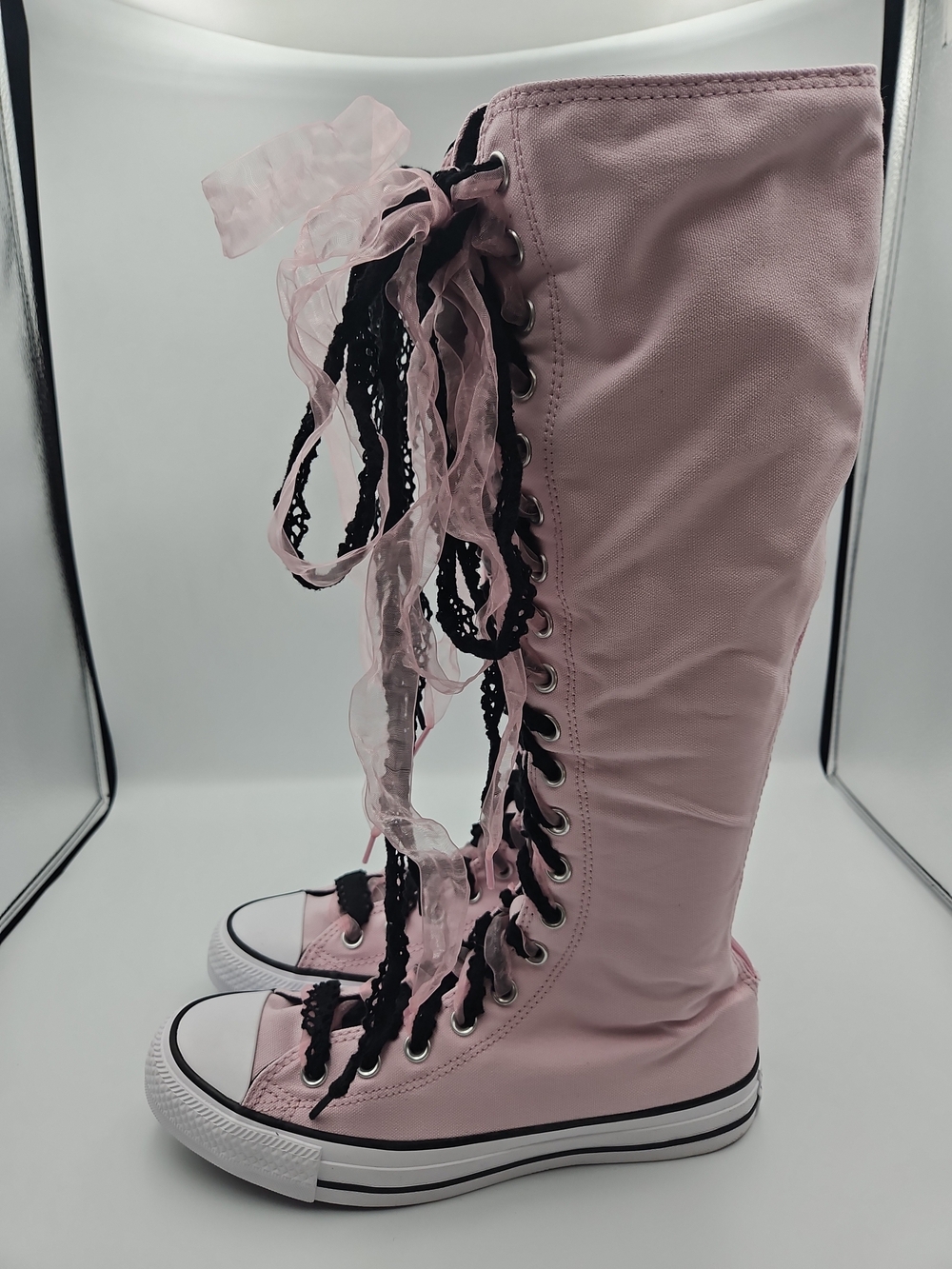 Converse Pink Lace-Up Knee-High Canvas Boots with Black Laces
